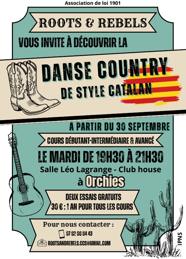 Roots & Rebels vous invite à découvrir la danse country de style catalan. À partir du 30 septembre : cours débutant, intermédiaire et avancé, le mardi de 19h30 à 21h30 à la salle Léo Lagrange à Orchies. 
