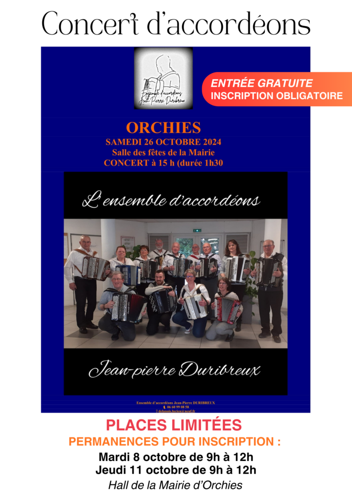 Affiche pour un concert d'accordéons avec une photo de l'ensemble d'accordéons Jean-Pierre Duribreux